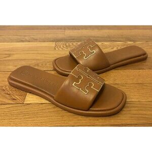 Tory Burch Leather Double T Sport Slides Sandals Nappa Leather MIELE Size 8.5